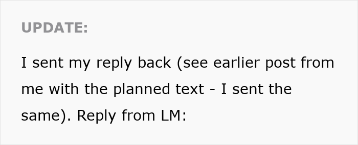Update text on a white background describing reply sent about woman’s Tenerife vacay blocked by boss over focus concerns. Update text on a white background describing reply sent about woman’s Tenerife vacay blocked by boss over focus concerns.