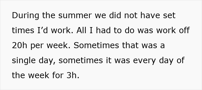 Text excerpt about babysitting schedule, highlighting flexible hours and workload from rude rich folks' accusations context.