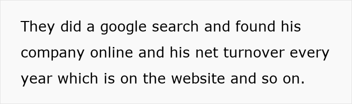 Text on white background explaining future in-laws discovering a company’s net turnover online after a Google search.