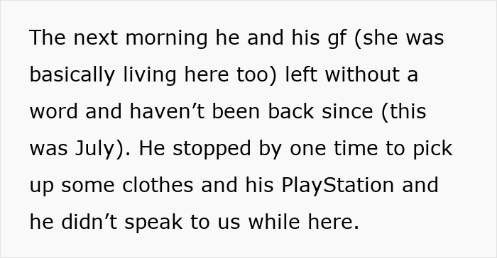 Alt text: Text describing a 20-year-old mooching off parents until kicked out after stealing $3K, mentioning leaving with girlfriend. Alt text: Text describing a 20-year-old mooching off parents until kicked out after stealing $3K, mentioning leaving with girlfriend.