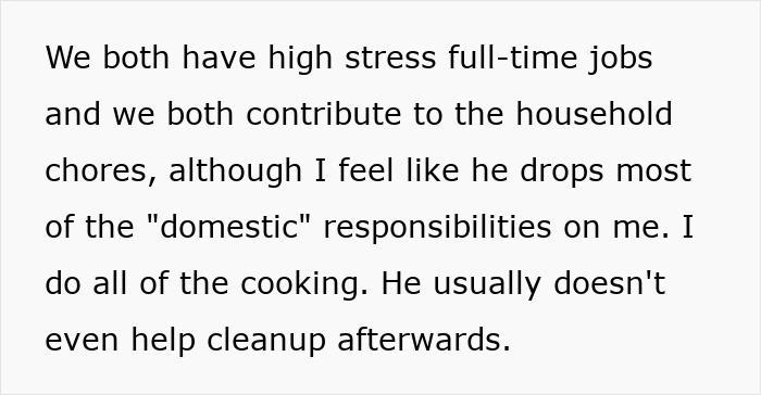 Text highlighting a woman frustrated with her husband leaving domestic chores and cooking to her while he does not help with cleanup. Text highlighting a woman frustrated with her husband leaving domestic chores and cooking to her while he does not help with cleanup.