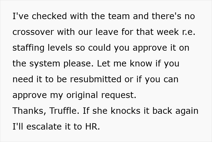 Email screenshot showing a woman’s Tenerife vacay request blocked by boss fearing sun, sand, and cocktails will ruin her focus. Email screenshot showing a woman’s Tenerife vacay request blocked by boss fearing sun, sand, and cocktails will ruin her focus.