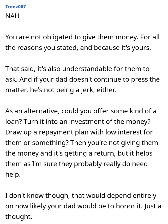 Comment discussing refusal to pay for lovechild’s surgery with inheritance money and a dad calling her heartless.