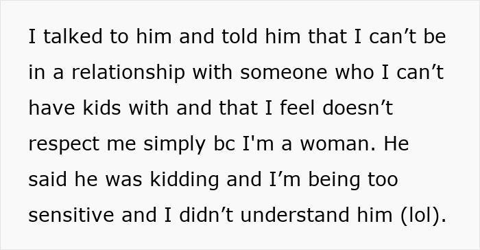 Text excerpt showing a woman upset by boyfriend’s comment about future kids, leading to relationship doubts. Text excerpt showing a woman upset by boyfriend’s comment about future kids, leading to relationship doubts.