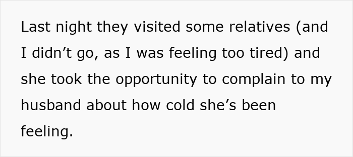 Text excerpt showing a pregnant woman demand husband respect by sharing feelings of coldness and tiredness during a visit to relatives.