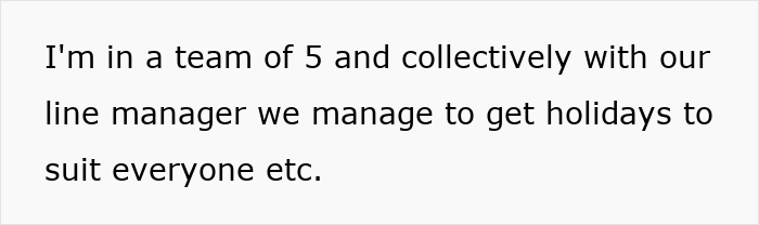 Text on a white background stating a team of 5 and line manager managing holidays to suit everyone. Text on a white background stating a team of 5 and line manager managing holidays to suit everyone.