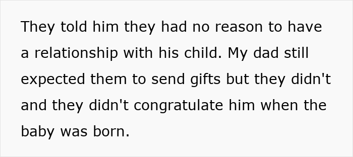 Text excerpt describing a father cutting off late wife’s family and tension over welcoming his new baby. Text excerpt describing a father cutting off late wife’s family and tension over welcoming his new baby.
