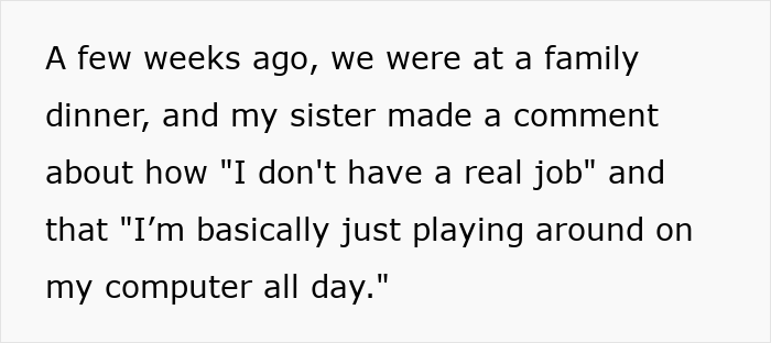 Text excerpt about a brother quitting babysitting after sister says his job isn’t real work at family dinner. Text excerpt about a brother quitting babysitting after sister says his job isn’t real work at family dinner.