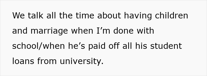 Text discussing plans for having children and marriage after finishing school and paying off student loans. Text discussing plans for having children and marriage after finishing school and paying off student loans.