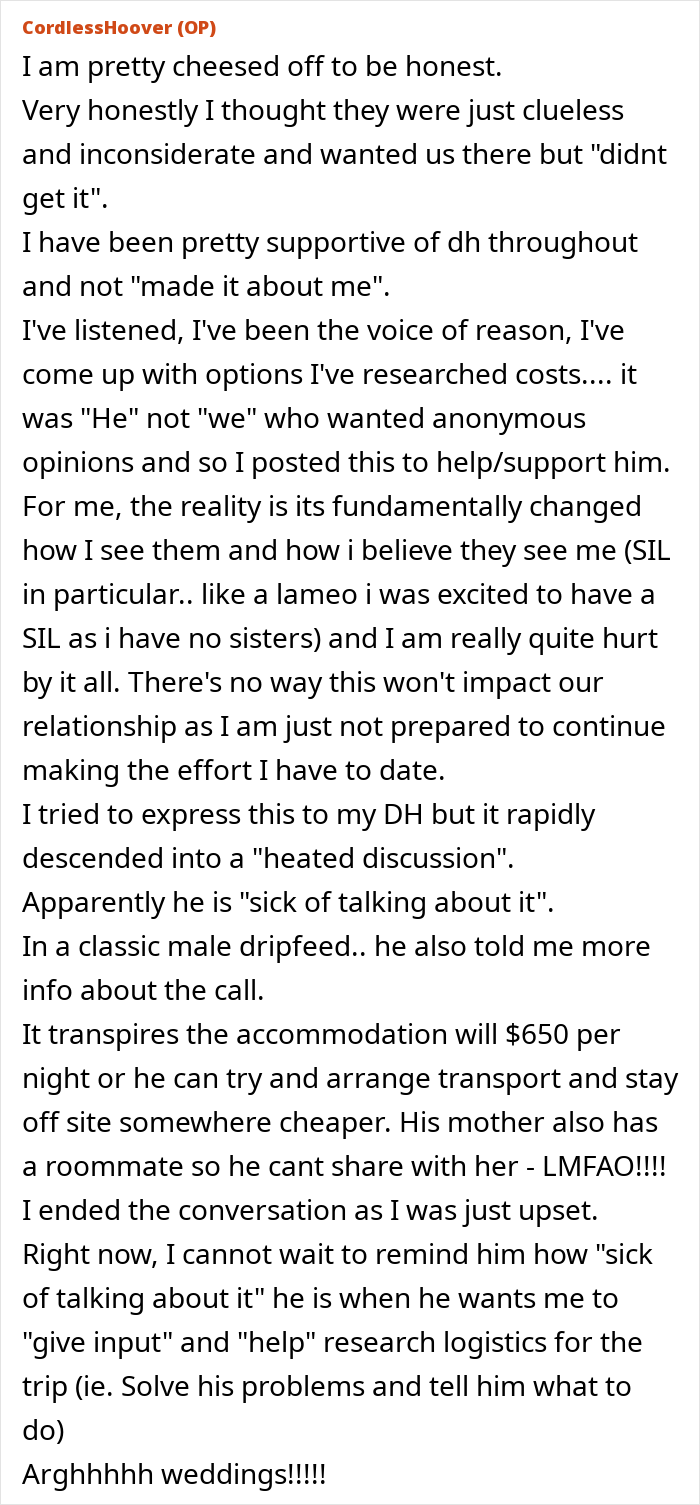 Text post about a couple willing to travel 8 hours and spend £11k on brother-in-law's wedding, then canceling over it being child-free. Text post about a couple willing to travel 8 hours and spend £11k on brother-in-law's wedding, then canceling over it being child-free.