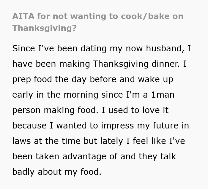 Forum post excerpt about a woman who cancels Thanksgiving after rude in-laws mock her food