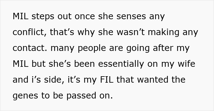Text conversation about MIL avoiding conflict, FIL wanting genes passed on, related to IVF conception discussions. Text conversation about MIL avoiding conflict, FIL wanting genes passed on, related to IVF conception discussions.