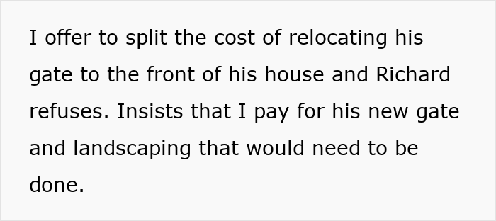 Text excerpt discussing a disagreement about relocating a gate and landscaping costs in a Karen Petty fence revenge scenario. Text excerpt discussing a disagreement about relocating a gate and landscaping costs in a Karen Petty fence revenge scenario.