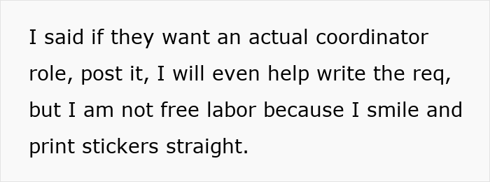 Text image with an analyst refusing to do free labor like stocking snacks and planning parties, saying no to unpaid tasks.