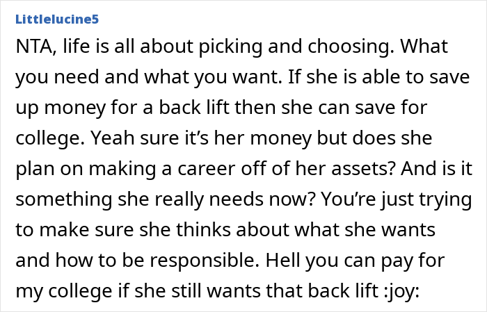 Screenshot of an online forum comment discussing 18YO's choice to spend inheritance on BBL versus college funding.