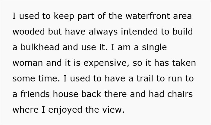 Text on a white background describing a woman’s experience maintaining her waterfront land despite challenges from rude neighbors.
