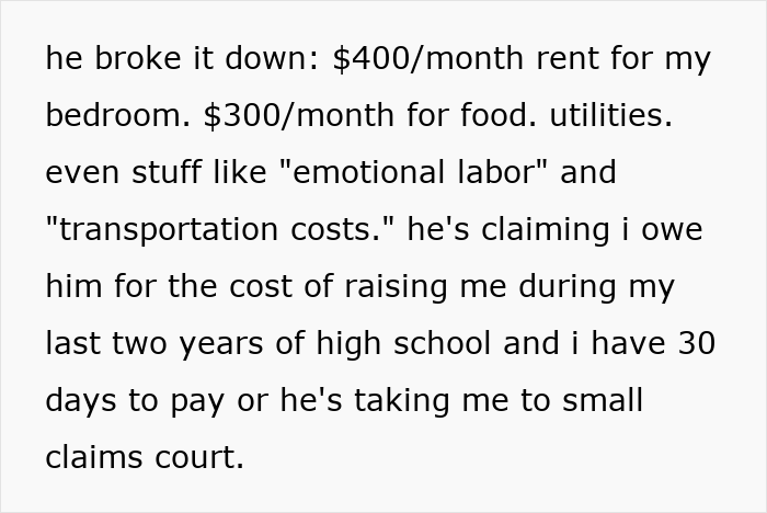 Text excerpt showing a breakdown of charges totaling $15K for raising daughter, highlighting panic over payment demand. Text excerpt showing a breakdown of charges totaling $15K for raising daughter, highlighting panic over payment demand.