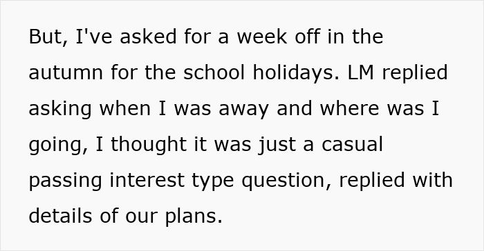 Text excerpt from a woman’s Tenerife vacay request blocked by her boss, sharing holiday plans and responses. Text excerpt from a woman’s Tenerife vacay request blocked by her boss, sharing holiday plans and responses.