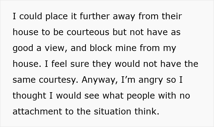 Text on a white background discussing tolerance and anger toward rude neighbors trying to steal part of her land.