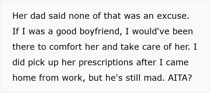Text about refusing to visit girlfriend in hospital and boyfriend picking up prescriptions, causing conflict with her dad.
