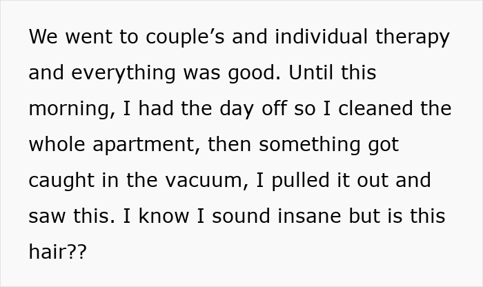 Alt text: Close-up of a woman holding a piece of long hair found while cleaning, revealing a serial cheater caught red-handed. Alt text: Close-up of a woman holding a piece of long hair found while cleaning, revealing a serial cheater caught red-handed.