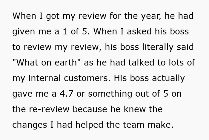 Boss Gives Employee 1 Out Of 5 Score In A Yearly Review For No Reason, Receives Petty Revenge Boss Gives Employee 1 Out Of 5 Score In A Yearly Review For No Reason, Receives Petty Revenge