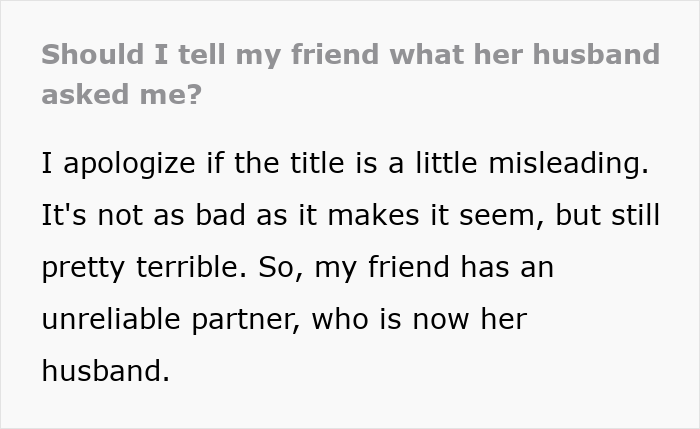 Text excerpt discussing a friend considering exposing a slacker hubby planning to skip caring for wife after surgery. Text excerpt discussing a friend considering exposing a slacker hubby planning to skip caring for wife after surgery.