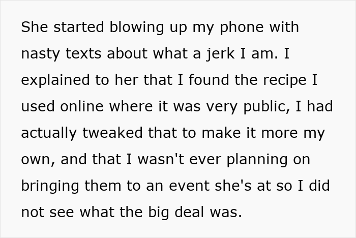 Text message conversation with woman explaining how she perfected secret cookies recipe found online, causing drama with boyfriend&rsquo;s mom.