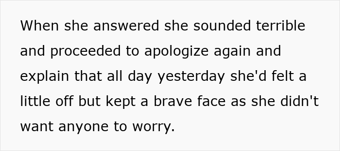 Text excerpt discussing a woman feeling unwell yet keeping a brave face to avoid worrying others.