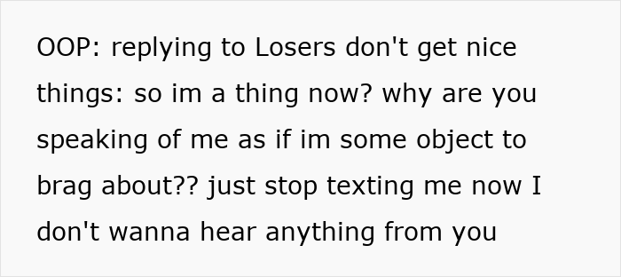 Text message showing a breakup reply where the girlfriend calls out being treated like a sibling rivalry trophy. Text message showing a breakup reply where the girlfriend calls out being treated like a sibling rivalry trophy.