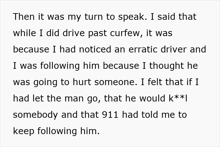 Text excerpt from a story about an 18-year-old reporting a drunk driver and receiving a curfew violation ticket.