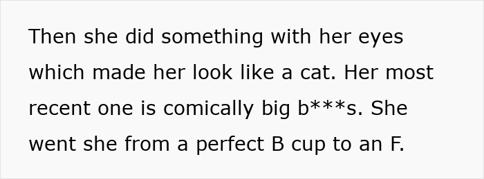 Text excerpt describing a wife’s plastic surgery transformation causing husband unattraction, focusing on exaggerated changes.