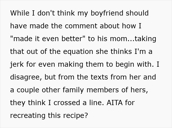 Text message conversation about woman outshining boyfriend&rsquo;s mom by perfecting her secret cookie recipe causing family drama.