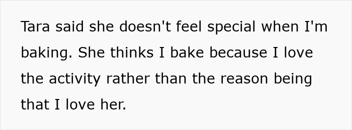 Text excerpt showing a woman expressing feelings about her boyfriend’s passion for pastries and its impact on their relationship. Text excerpt showing a woman expressing feelings about her boyfriend’s passion for pastries and its impact on their relationship.
