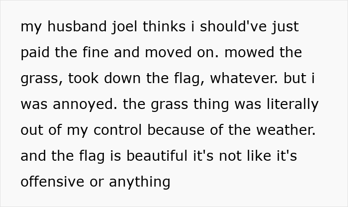 Text message conversation describing frustration over HOA snitch's petty war involving grass height, rulebooks, and flags.