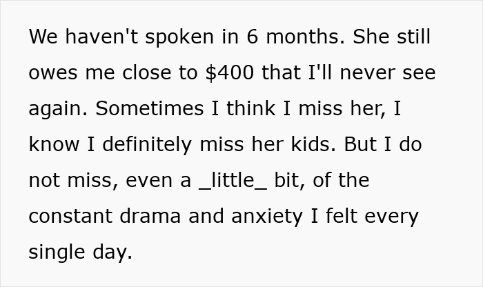 Text showing a woman reflecting on ending a 10-year friendship due to drama, anxiety, and unpaid debts from her friend with 5 kids and 4 dads. Text showing a woman reflecting on ending a 10-year friendship due to drama, anxiety, and unpaid debts from her friend with 5 kids and 4 dads.