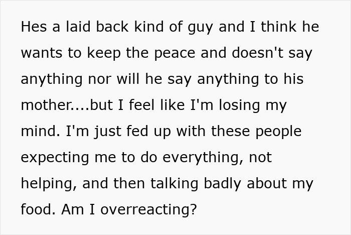 Woman cancels Thanksgiving: screenshot of a post about rude in-laws mocking her food and expecting her to do everything