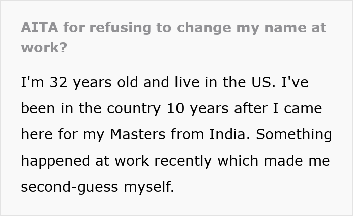 Text post about an Indian guy refusing to change his name for a US client, risking his career and facing a friend’s warning.