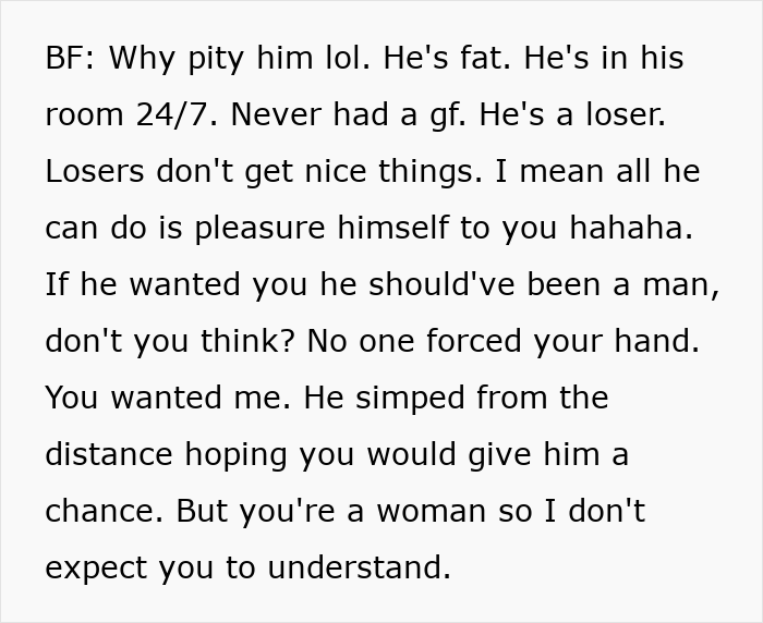 Text message screenshot showing a boyfriend admitting his girlfriend was a sibling rivalry trophy before she breaks up and cuts ties. Text message screenshot showing a boyfriend admitting his girlfriend was a sibling rivalry trophy before she breaks up and cuts ties.