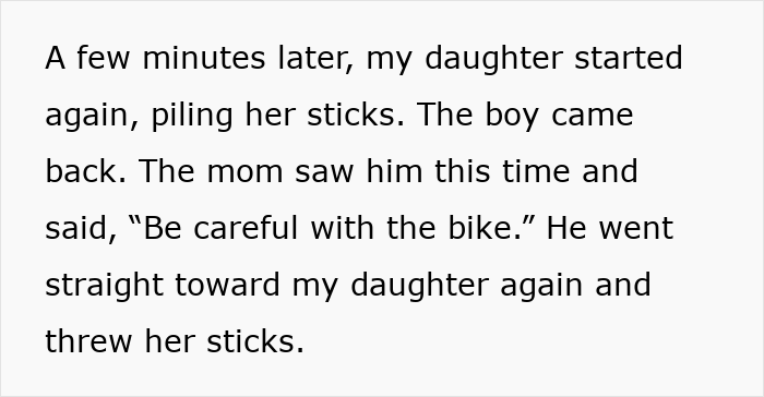 Text excerpt describing a mom refusing to discipline her son for bullying a girl at the playground, blaming it on his gender. Text excerpt describing a mom refusing to discipline her son for bullying a girl at the playground, blaming it on his gender.