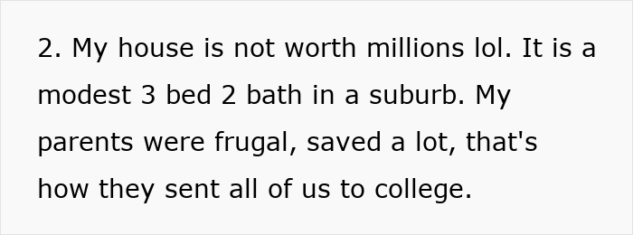 Text excerpt about a modest house and frugal parents supporting siblings&rsquo; college education after neglect.