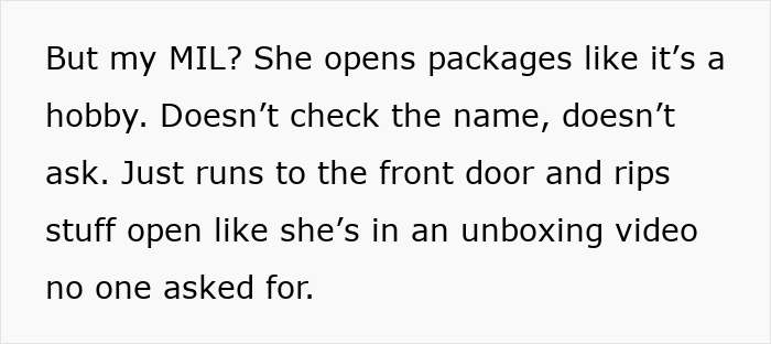 Text about a nosy MIL who opens others' packages like unboxing videos, highlighting a vibrating surprise sent by DIL. Text about a nosy MIL who opens others' packages like unboxing videos, highlighting a vibrating surprise sent by DIL.