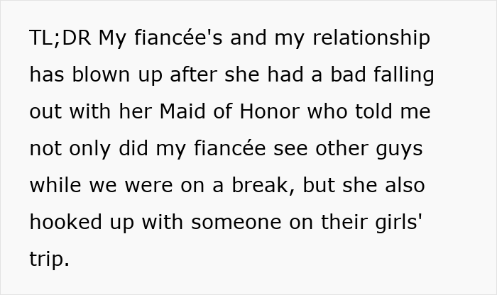 Text excerpt about bride breaking no dating rule during break, groom shocked as Maid of Honor claims she cheated on their relationship. Text excerpt about bride breaking no dating rule during break, groom shocked as Maid of Honor claims she cheated on their relationship.