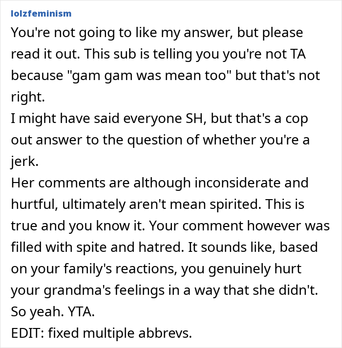 Text post discussing a grandmother's hurtful comment comparing grandkid to a bull with a nose ring, and a playful comeback.