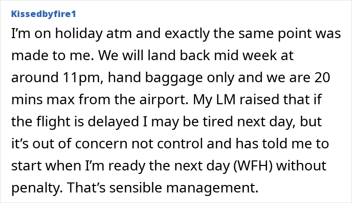 Comment about a woman’s Tenerife vacay blocked by boss fearing sun, sand, and cocktails will ruin her focus on holiday. Comment about a woman’s Tenerife vacay blocked by boss fearing sun, sand, and cocktails will ruin her focus on holiday.