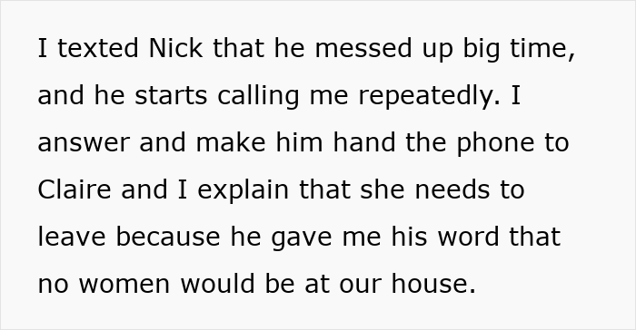 Text message on phone screen discussing a boyfriend cheating woman vacation and confrontations about trust.