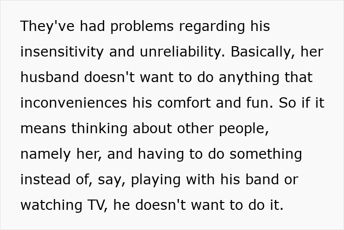 Text excerpt highlighting a slacker hubby avoiding care duties after wife's surgery, showing insensitivity and unreliability. Text excerpt highlighting a slacker hubby avoiding care duties after wife's surgery, showing insensitivity and unreliability.