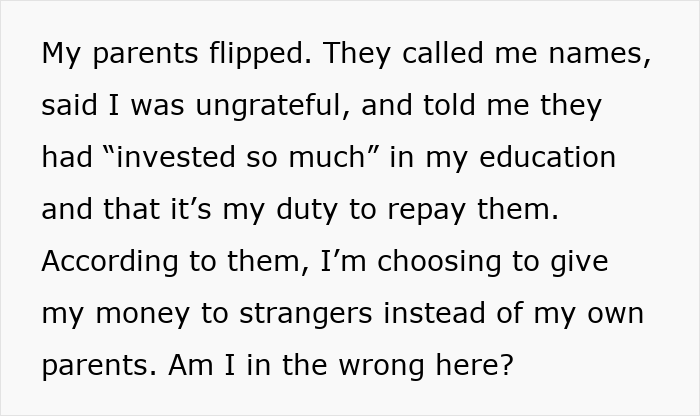 Text on a white background showing a personal message about parents forcing pay expensive rent and feeling ungrateful for repayment duty.