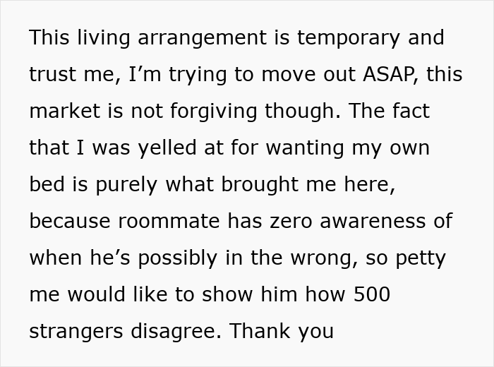 Text post on a white background about a temporary living arrangement and frustration with a roommate’s lack of awareness. Text post on a white background about a temporary living arrangement and frustration with a roommate’s lack of awareness.