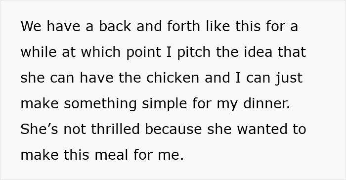 Text excerpt on a white background discussing a husband refusing dinner after wife left raw chicken in the trunk. Text excerpt on a white background discussing a husband refusing dinner after wife left raw chicken in the trunk.